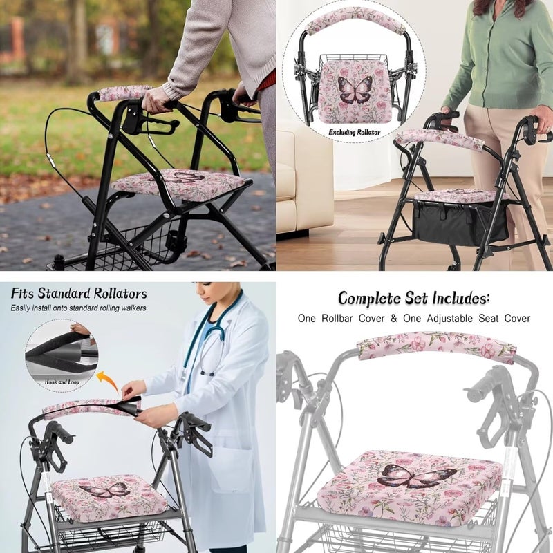LedBack Rollator Walker Seat and Backrest Covers Walker Accessories for 3 Pcs, Pink Floral Butterflies Under Seat Bag for Four Wheel Rollator, Easy to Install - Image 4